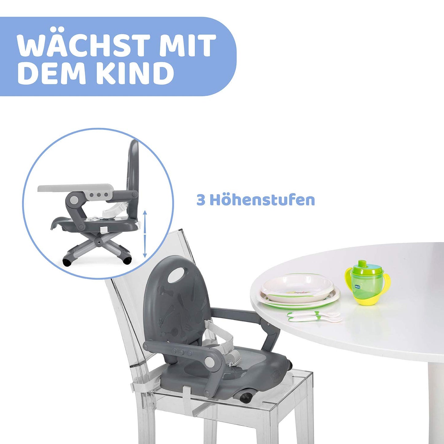 Chicco Pocket Snack Kindersitzerhöhung Esszimmerstuhl für Kinder von 6 Monaten bis 3 Jahren 15kg,tragbarer und verstellbarer Babyhochstuhl mit kompaktem Verschluss und abnehmbarem Tablett DARK GREY