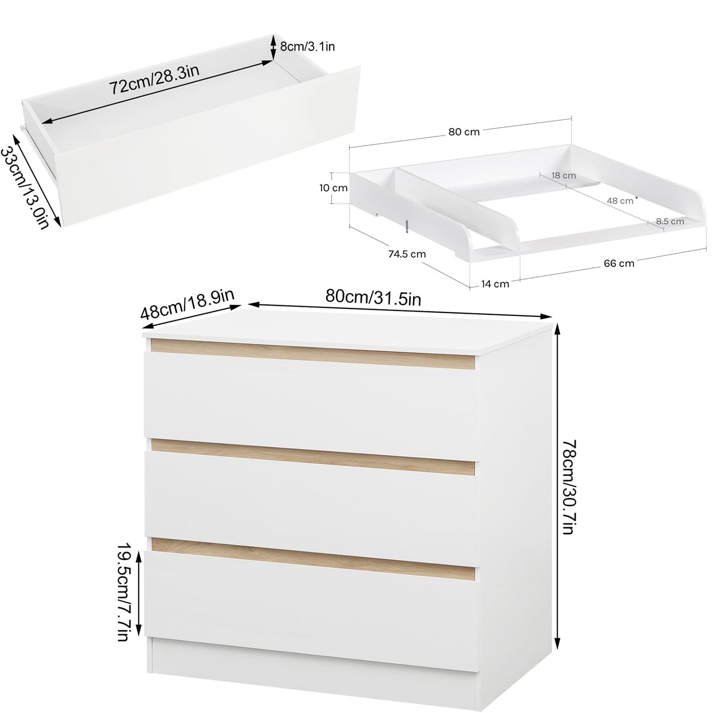 WOLTU Wickelkommode mit Wickelaufsatz, Wickeltisch, Kommode mit 3 Schubladen, Wickelaufsatz abnehmbar, mit Kippschutz, 86 cm für Lendenwirbelschutz, Weiß+Eiche