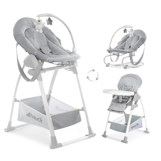 hauck Hochstuhl mit Babywippe Sit N Relax 3in1 ab Geburt bis 15 kg mit Wippgestell, Höhenverstellbares Gestell mit Rollen, Klappbar, Verstellbar, XL Korb, Wippe mit Spielebogen (Stretch Grey)