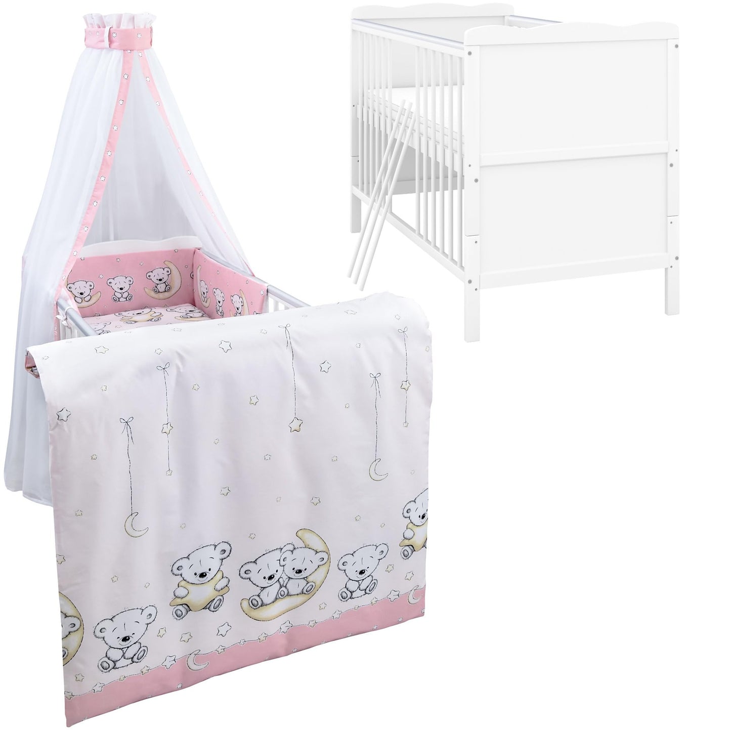 Generisch Baby Delux Babybett Komplett Set 9-TLG Kinderbett umbaubar zum Juniorbett 70x140 Matratze Jack Bettset Chiffonhimmel (Teddy Mond rosa)