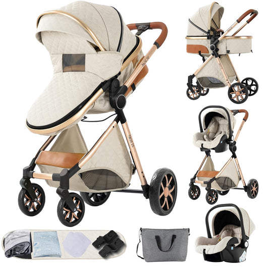 MoLi Kinderwagen 3 in 1, Kinderwagen mit Umkehrbarem Doppelschiebemodus, Buggy mit Großer Bequemer Babywanne, Kombikinderwagen 3 in 1 Rahmen Aluminiumlegierung Faltbar Hohe Landschaft (Creamy White)