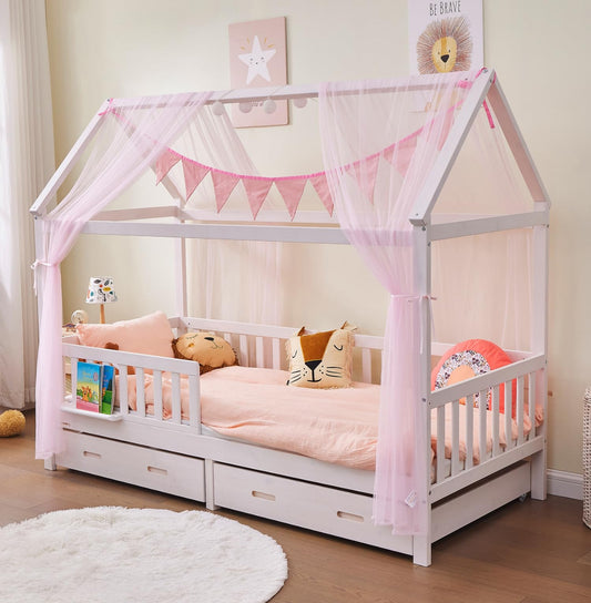 ALAVYA HOME® Hausbett 90x200 mit Schublade, Matratze und 4-TLG DEKO Set Rosa, inkl. Buchablage Rausfallschutz und Lattenrost | Massivholz der Buche FSC zertifizierter Kinderbett 90x200 - Weiß