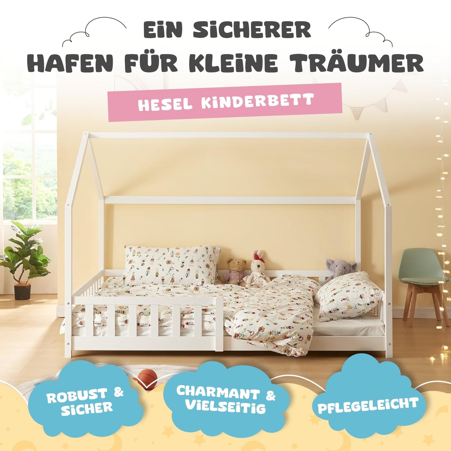 [en.casa] Kinderbett Hesel Hausbett Weiß 120 x 200 cm mit Rausfallschutz und Lattenrost Montessori Bodenbett Jugendbett Holzbett