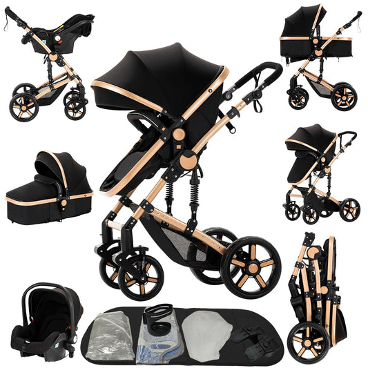 Prokoke Kinderwagen 3 in 1, Buggy mit Umkehrbarem Zwei-Wege-Schub, Kinderwagen Rahmen Aluminiumlegierung, Kombikinderwagen 3 in 1 Einem Klick Faltbar Baby Kleinkind Neugeborene (black gold 588)