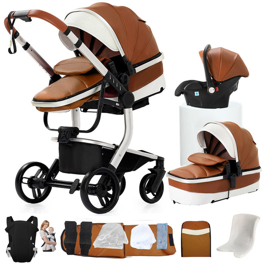 NADDLILY PU-Leder Kinderwagen 3 in 1, Buggy mit Umkehrbarem Zwei-Wege-Schub, Kinderwagen Faltbarem Tragbarem One-Click-Design, Kinderwagen 3 in 1 Komplettset mit Zubehör Hohe Landschaft (L518 Khaki)