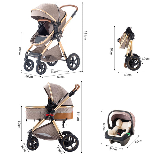 BEBBY 3-in-1 Kinderwagen KombiKinderwagen-Set 2-in-1 Buggy faltbar Luxus Hochlandschaft Neugeborenes Tragbarer Zusammenklappbarer Kinderwagen Travel System (Blackgold, H2)