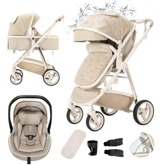 Gcarebb PU Leder 3 in 1 Kinderwagen, Buggy Mit Auto Babyschale, Mit Einem Klick Zusammenklappbarer Tragbarer Kinderwagen Komplettset, KombiKinderwagen Mit Aluminiumrahmen für Neugeborene 0-4 Jahre