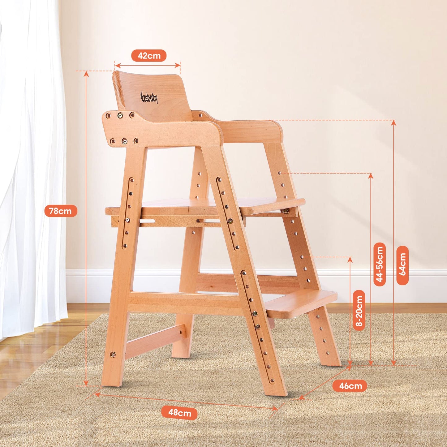 Ezebaby Hochstuhl, höhenverstellbarer Holzhochstuhl für kinder von 2 bis 12 Jahren Buchenholz Kinderstuhl, Lehrstuhl, Stabil & Sicher bis 90 kg für Kinder und Erwachsener (Natur)