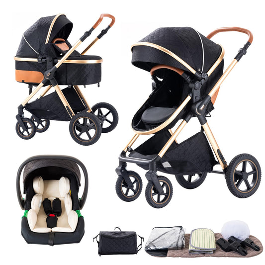 BEBBY 3-in-1 Kinderwagen KombiKinderwagen-Set 2-in-1 Buggy faltbar Luxus Hochlandschaft Neugeborenes Tragbarer Zusammenklappbarer Kinderwagen Travel System (Blackgold, H2)
