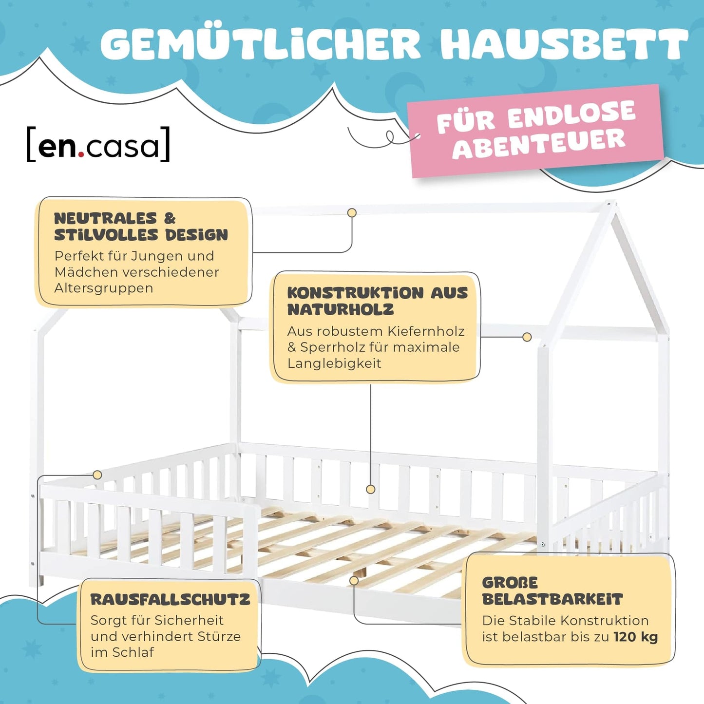 [en.casa] Kinderbett Hesel Hausbett Weiß 120 x 200 cm mit Rausfallschutz und Lattenrost Montessori Bodenbett Jugendbett Holzbett