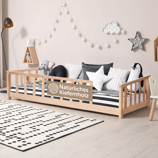 Famifidus Bodenbett 90x200 cm | Montessori Bodenbett inkl. Rausfallschutz und Lattenrost | Kinderbett für Jungen und Mädchen (Natur, 90 x 200 cm)