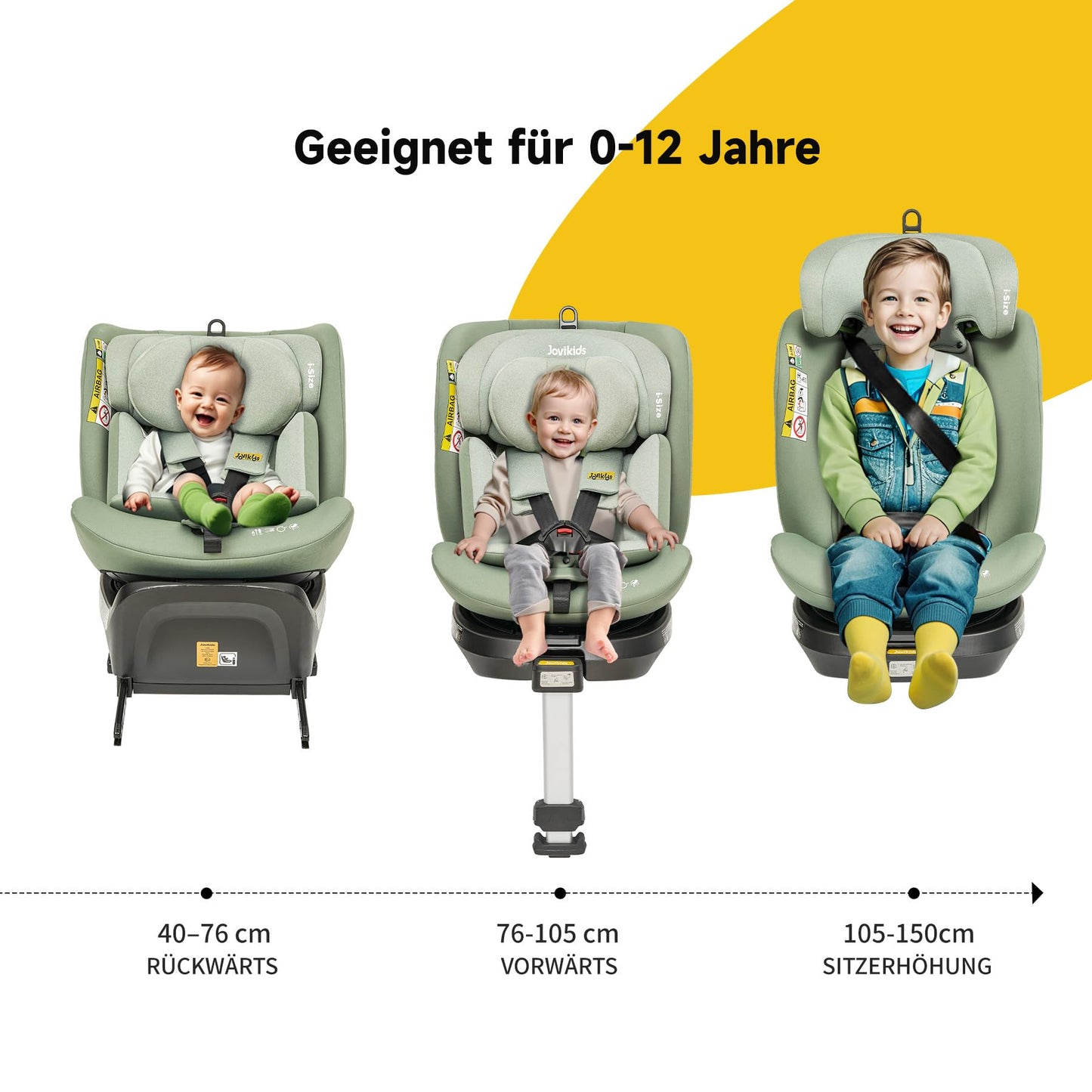 Jovikids 360° Drehbar Kindersitz mit ISOFIX, i-Size 40-150cm(ab Geburt -12 Jahre) Baby Autositz Reboarder mit Liegefunktion & Abnehmbar Vordach, ECE R129