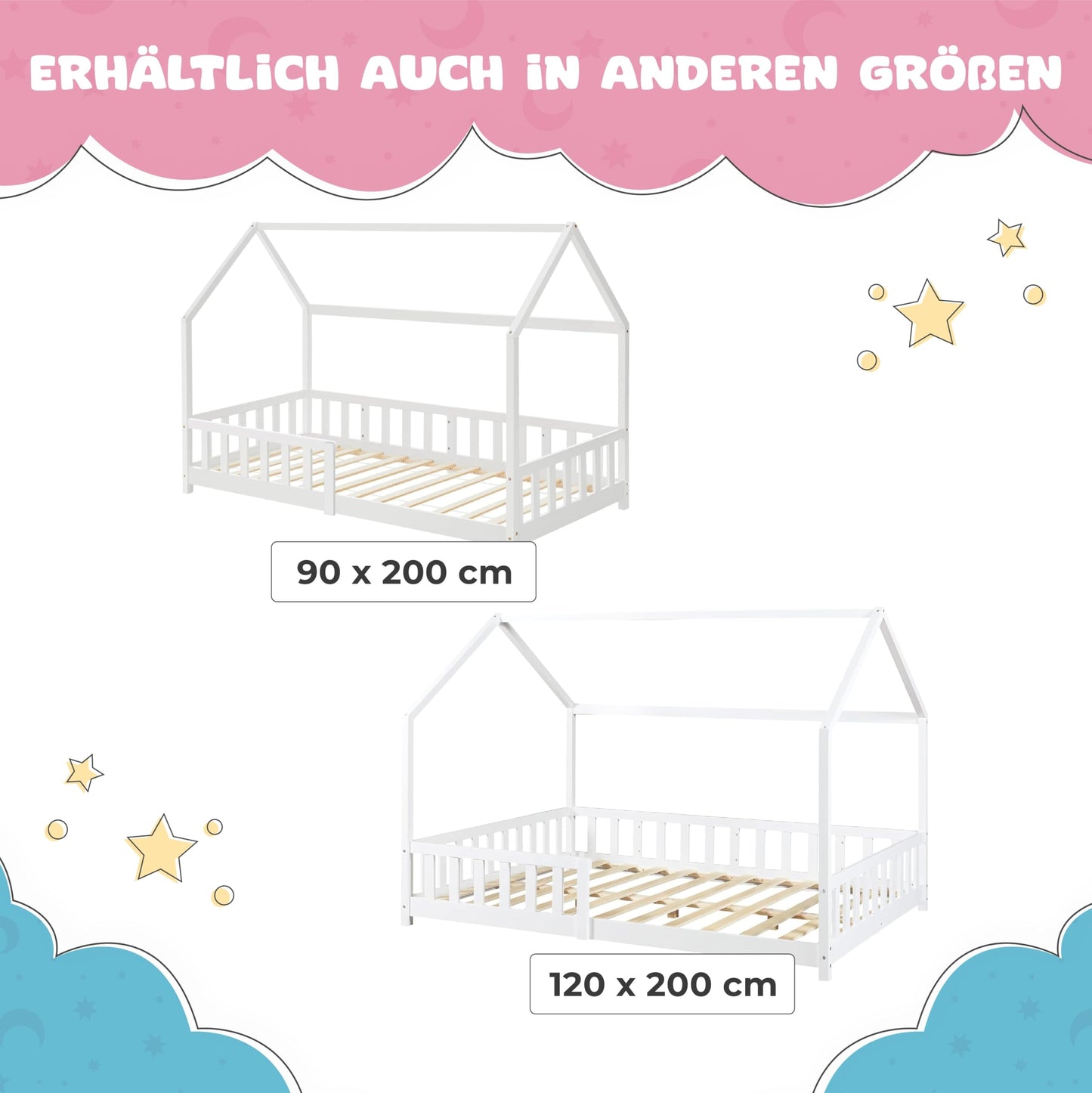 [en.casa] Kinderbett Hesel Hausbett Weiß 120 x 200 cm mit Rausfallschutz und Lattenrost Montessori Bodenbett Jugendbett Holzbett