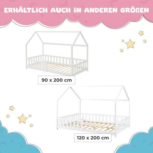[en.casa] Kinderbett Hesel Hausbett Weiß 120 x 200 cm mit Rausfallschutz und Lattenrost Montessori Bodenbett Jugendbett Holzbett