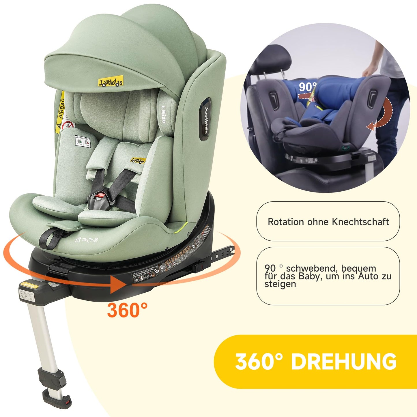 Jovikids 360° Drehbar Kindersitz mit ISOFIX, i-Size 40-150cm(ab Geburt -12 Jahre) Baby Autositz Reboarder mit Liegefunktion & Abnehmbar Vordach, ECE R129