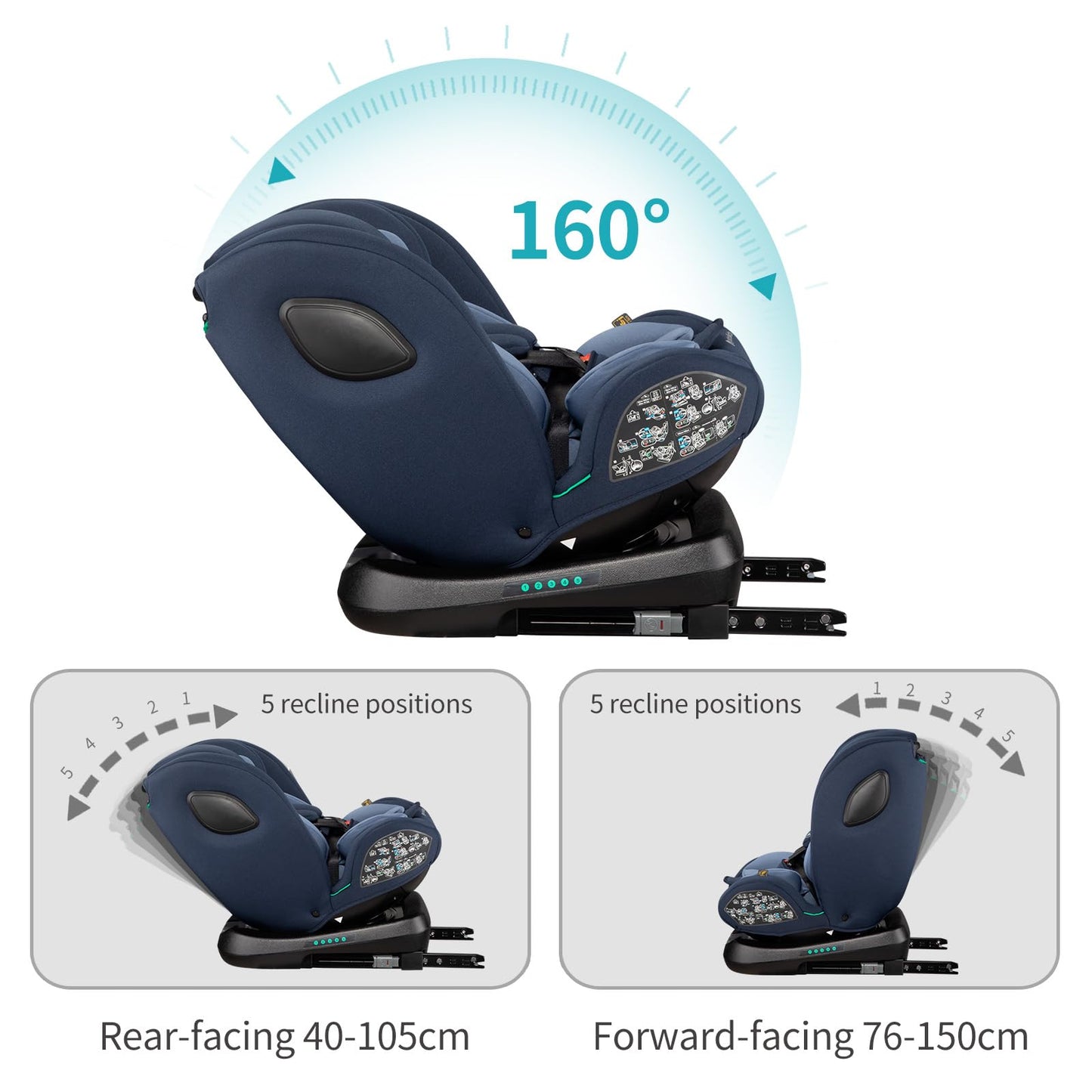 globalkids kindersitz 360 Drehbar isofix, i-Size 40-150cm(0-36kg) Reboarder Baby Autositz, ab Geburt -12 Jahre,Blau,ECE R129