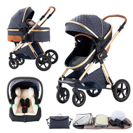 BEBBY 3-in-1 Kinderwagen KombiKinderwagen-Set 2-in-1 Buggy faltbar Luxus Hochlandschaft Neugeborenes Tragbarer Zusammenklappbarer Kinderwagen Travel System (Blue, H2)