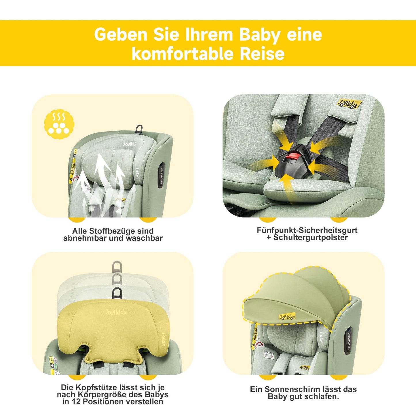 Jovikids 360° Drehbar Kindersitz mit ISOFIX, i-Size 40-150cm(ab Geburt -12 Jahre) Baby Autositz Reboarder mit Liegefunktion & Abnehmbar Vordach, ECE R129