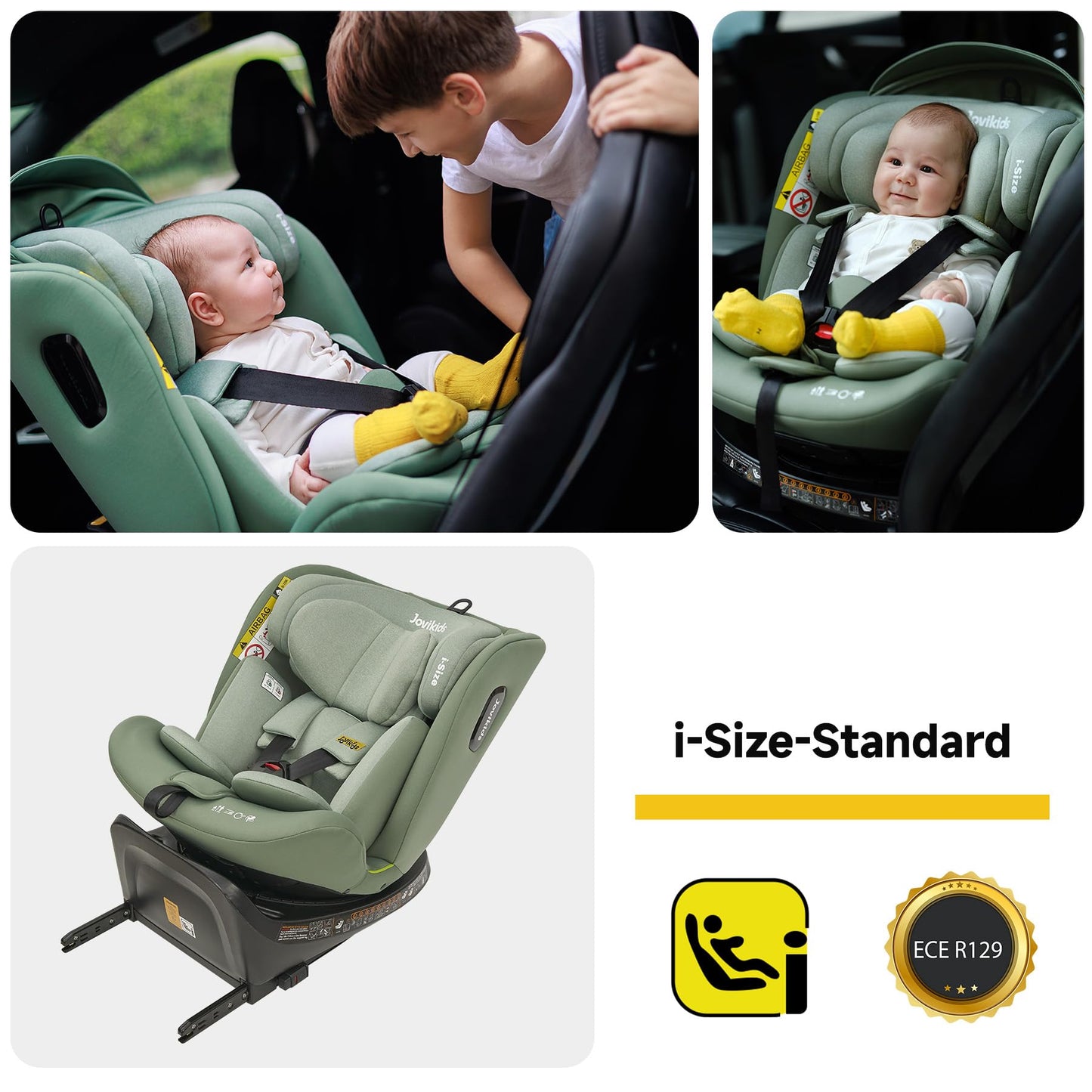 Jovikids 360° Drehbar Kindersitz mit ISOFIX, i-Size 40-150cm(ab Geburt -12 Jahre) Baby Autositz Reboarder mit Liegefunktion & Abnehmbar Vordach, ECE R129