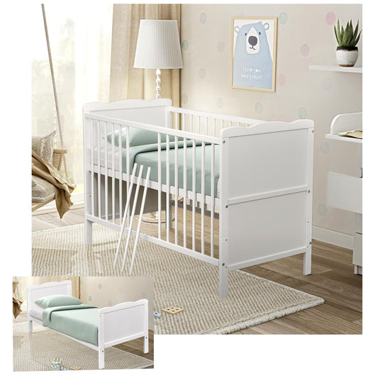 Baby Delux Babybett 70x140 cm weiß Kinderbett umbaubar zum Juniorbett mit Beißschienen Jack Kiefer Massivholz