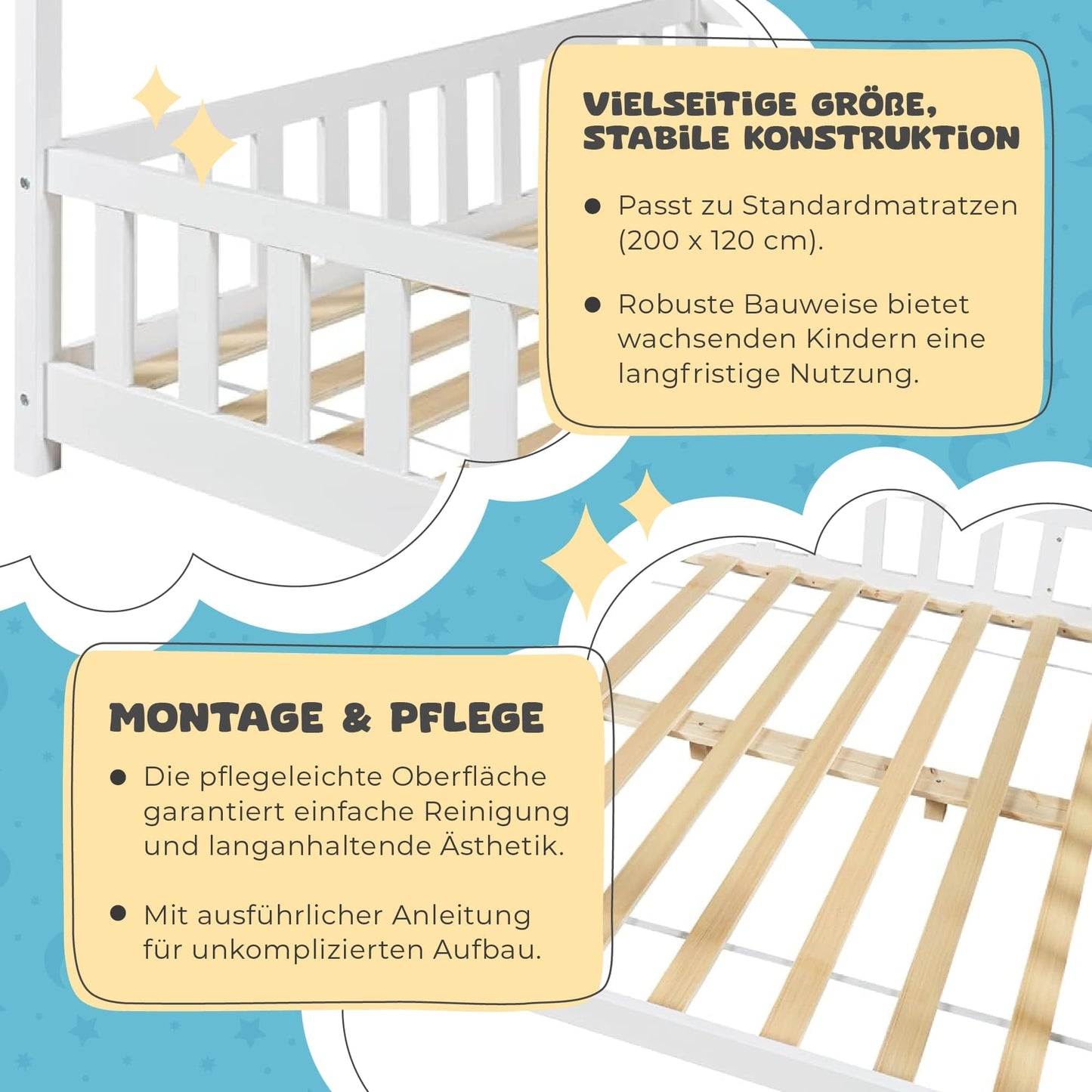 [en.casa] Kinderbett Hesel Hausbett Weiß 120 x 200 cm mit Rausfallschutz und Lattenrost Montessori Bodenbett Jugendbett Holzbett