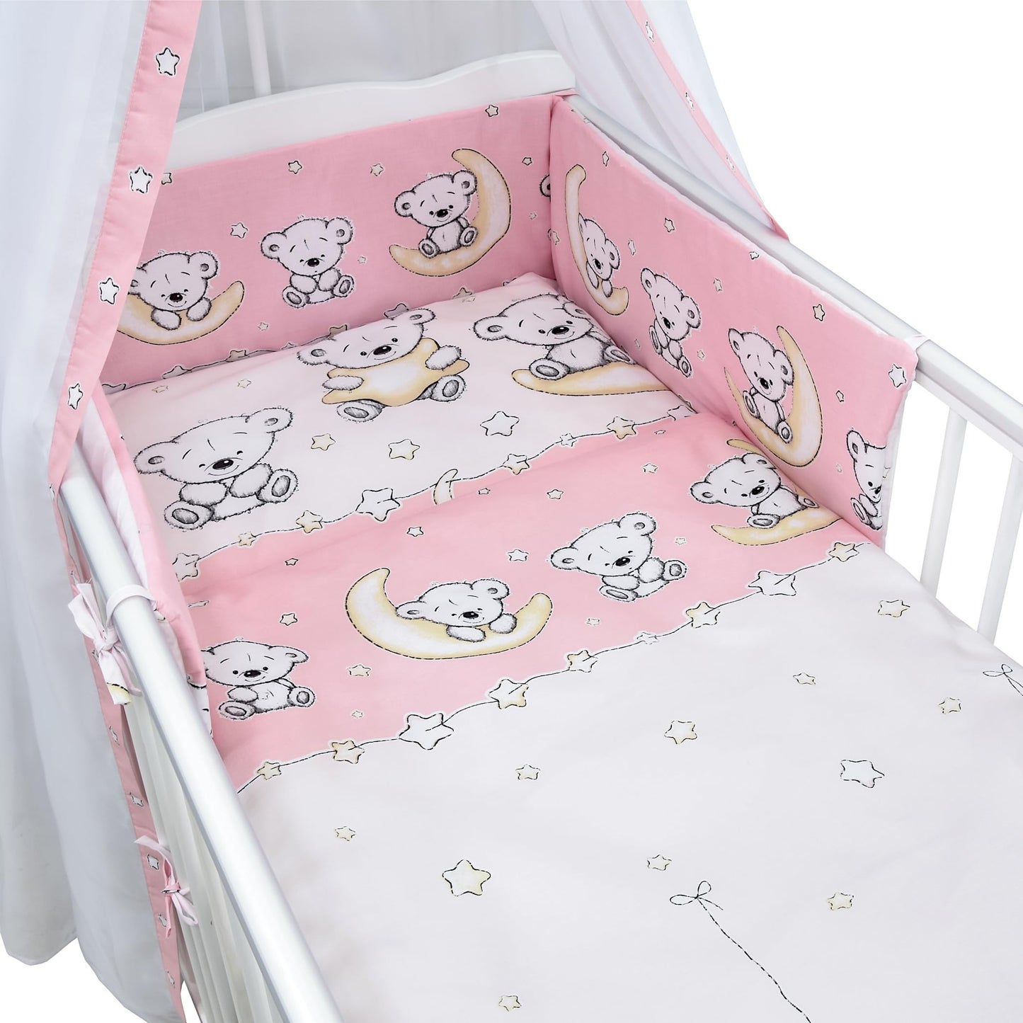 Generisch Baby Delux Babybett Komplett Set 9-TLG Kinderbett umbaubar zum Juniorbett 70x140 Matratze Jack Bettset Chiffonhimmel (Teddy Mond rosa)