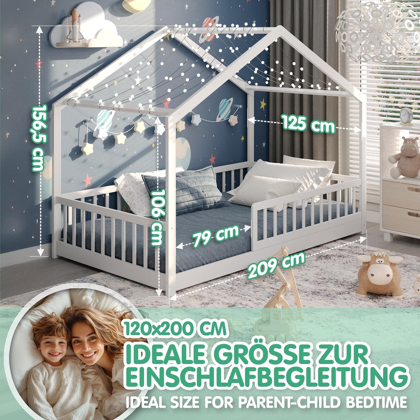 CADANI Malte Hausbett 120x200 cm Weiß, Montessori Bodenbett Rausfallschutz abnehmbar, Kinderbett Umbaubar inkl. Roll-Lattenrost, bis 200 kg belastbar