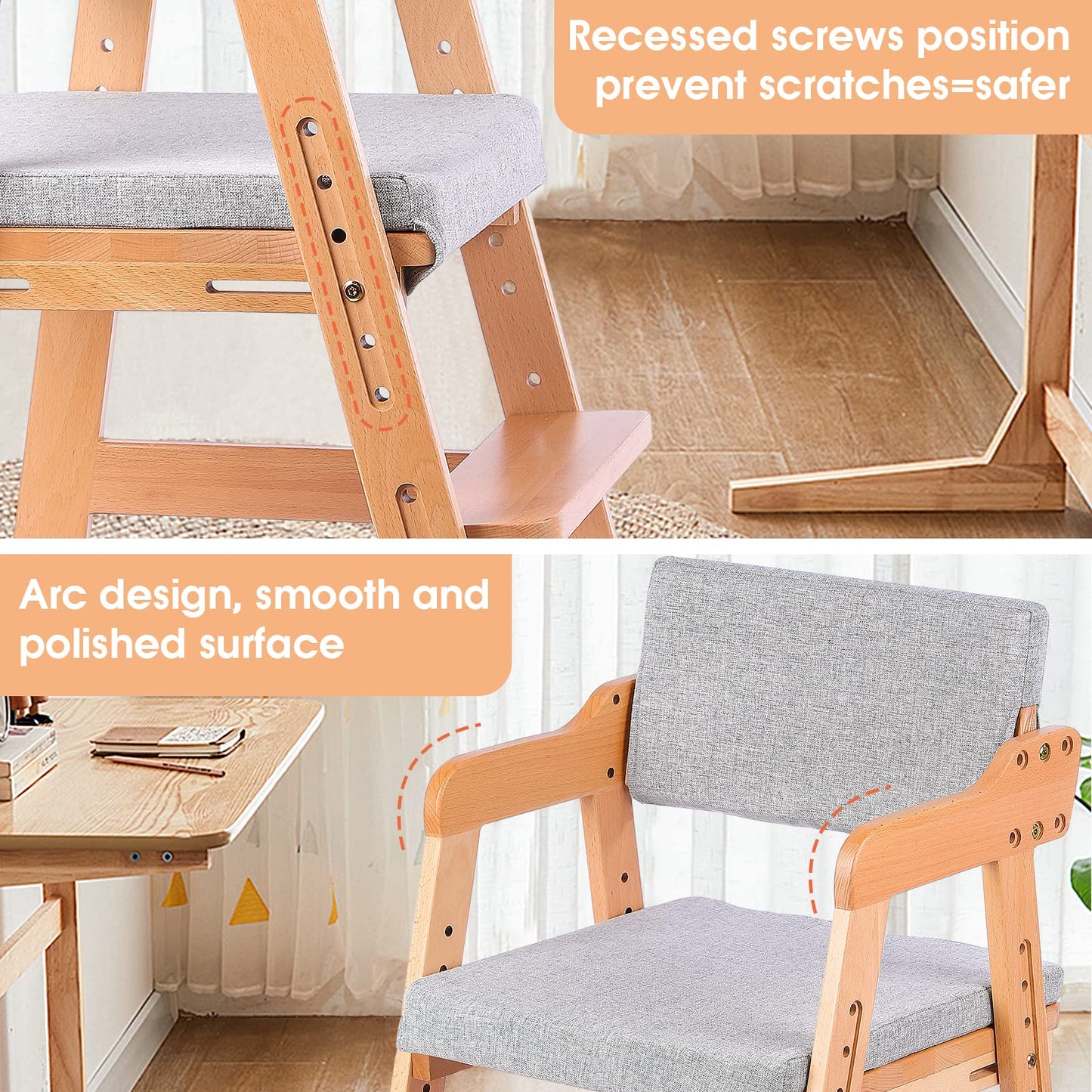 Ezebaby Hochstuhl, höhenverstellbarer Holzhochstuhl für kinder von 2 bis 12 Jahren Buchenholz Kinderstuhl, Lehrstuhl, Stabil & Sicher bis 90 kg für Kinder und Erwachsener (Natur)