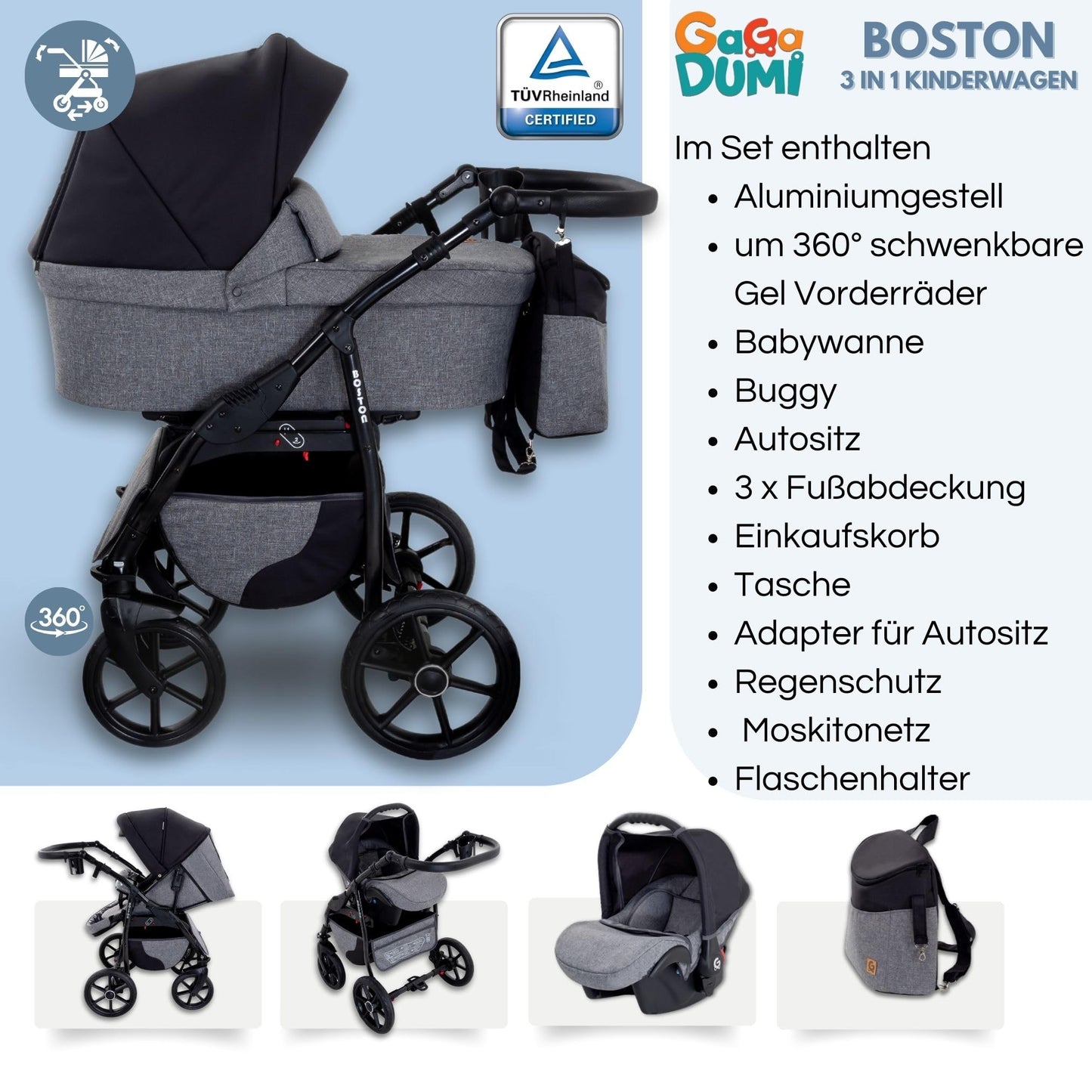 GaGaDumi Boston Kinderwagen 3 in 1 Komplettset mit Autositz - Kombikinderwagen mit großen Rädern - TÜV-zertifiziert - Baby Stroller Set - für Neugeborene und Kleinkinder Beige Schwarz