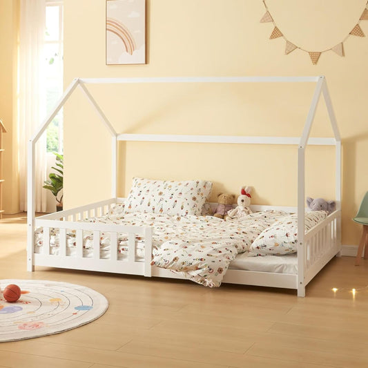 [en.casa] Kinderbett Hesel Hausbett Weiß 120 x 200 cm mit Rausfallschutz und Lattenrost Montessori Bodenbett Jugendbett Holzbett