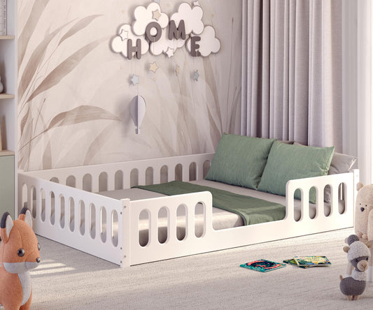 CADANI Monte 2in1 Bodenbett 140x200 cm Montessori Kinderbett Rausfallschutz abnehmbar - weiß, 46 kg schwer, bis 200 kg belastbar, extra starker Roll-Lattenrost, umbaubar