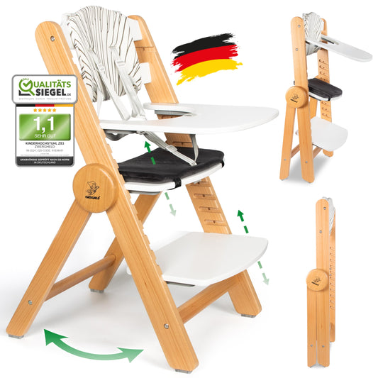 ZWERGHELD® Premium Kinderhochstuhl ZS3 Set - mitwachsend klappbar verstellbar, Hochstuhl Baby ab 6 Monaten bis 90kg belastbar, mit Essbrett - Treppenhochstuhl Kinderstuhl Holz High Chair (natur)