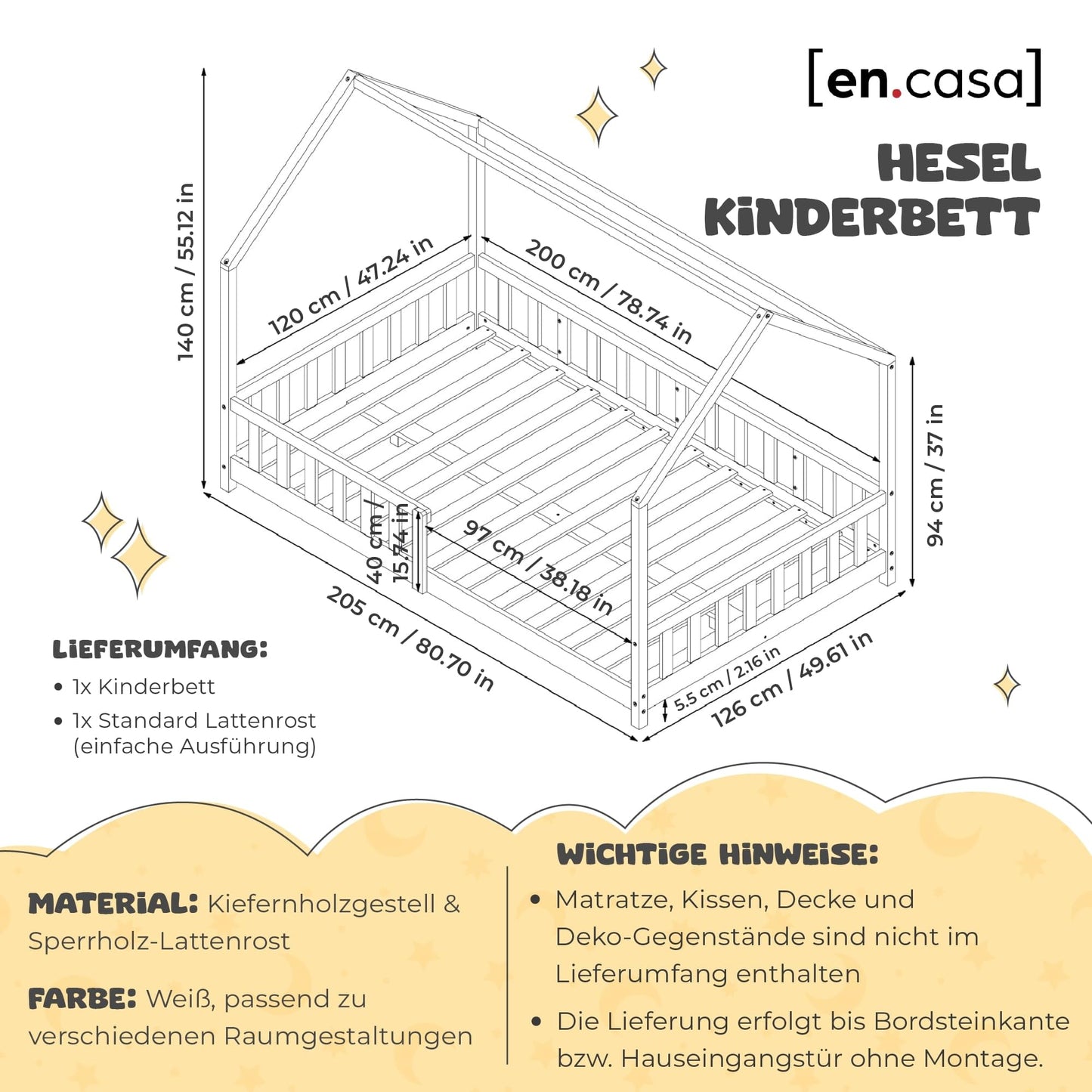 [en.casa] Kinderbett Hesel Hausbett Weiß 120 x 200 cm mit Rausfallschutz und Lattenrost Montessori Bodenbett Jugendbett Holzbett