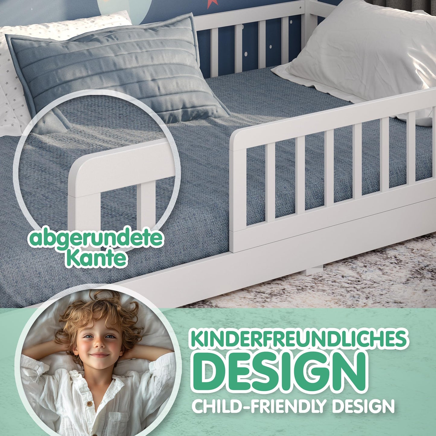 CADANI Malte Hausbett 120x200 cm Weiß, Montessori Bodenbett Rausfallschutz abnehmbar, Kinderbett Umbaubar inkl. Roll-Lattenrost, bis 200 kg belastbar