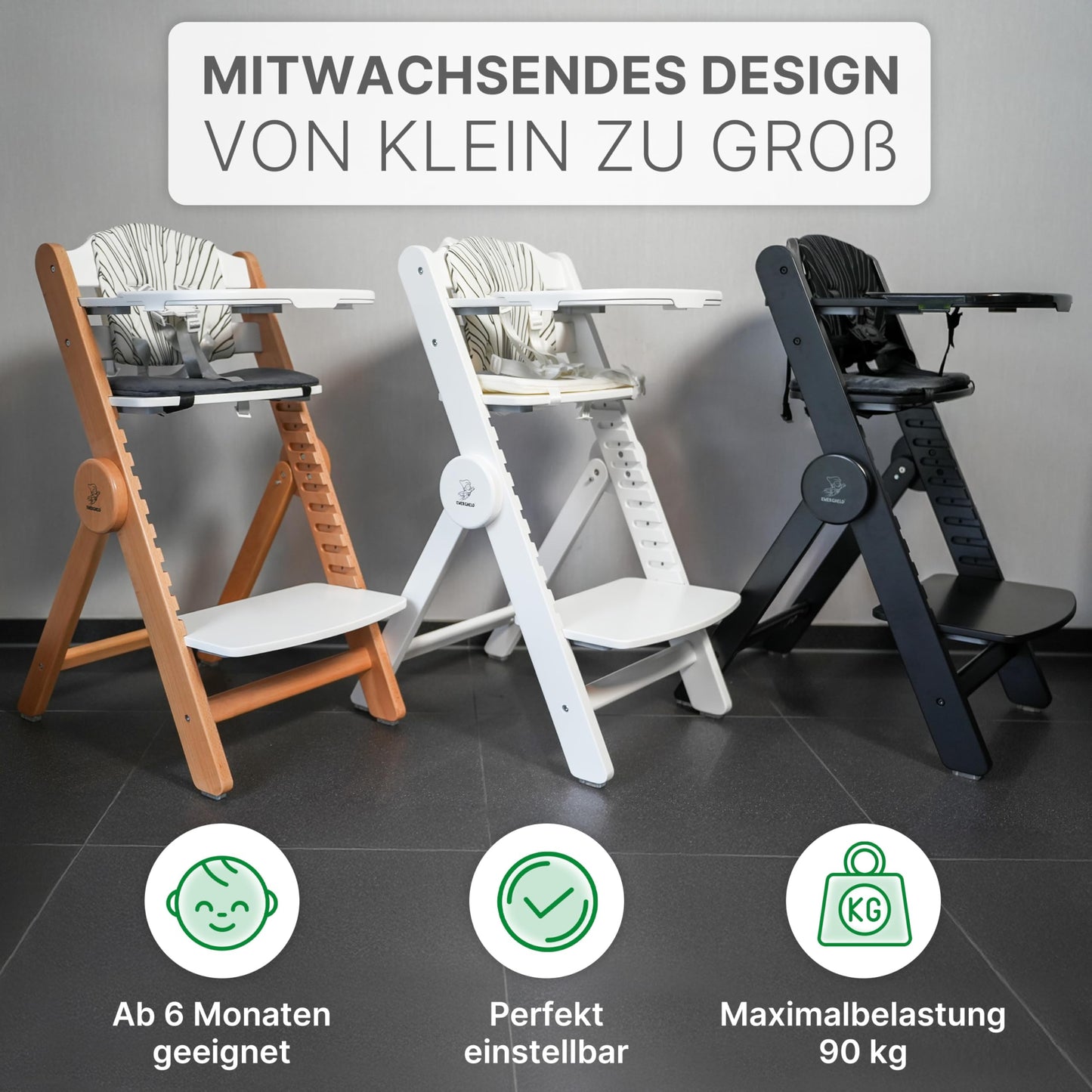 ZWERGHELD® Premium Kinderhochstuhl ZS3 Set - mitwachsend klappbar verstellbar, Hochstuhl Baby ab 6 Monaten bis 90kg belastbar, mit Essbrett - Treppenhochstuhl Kinderstuhl Holz High Chair (pearl-black)