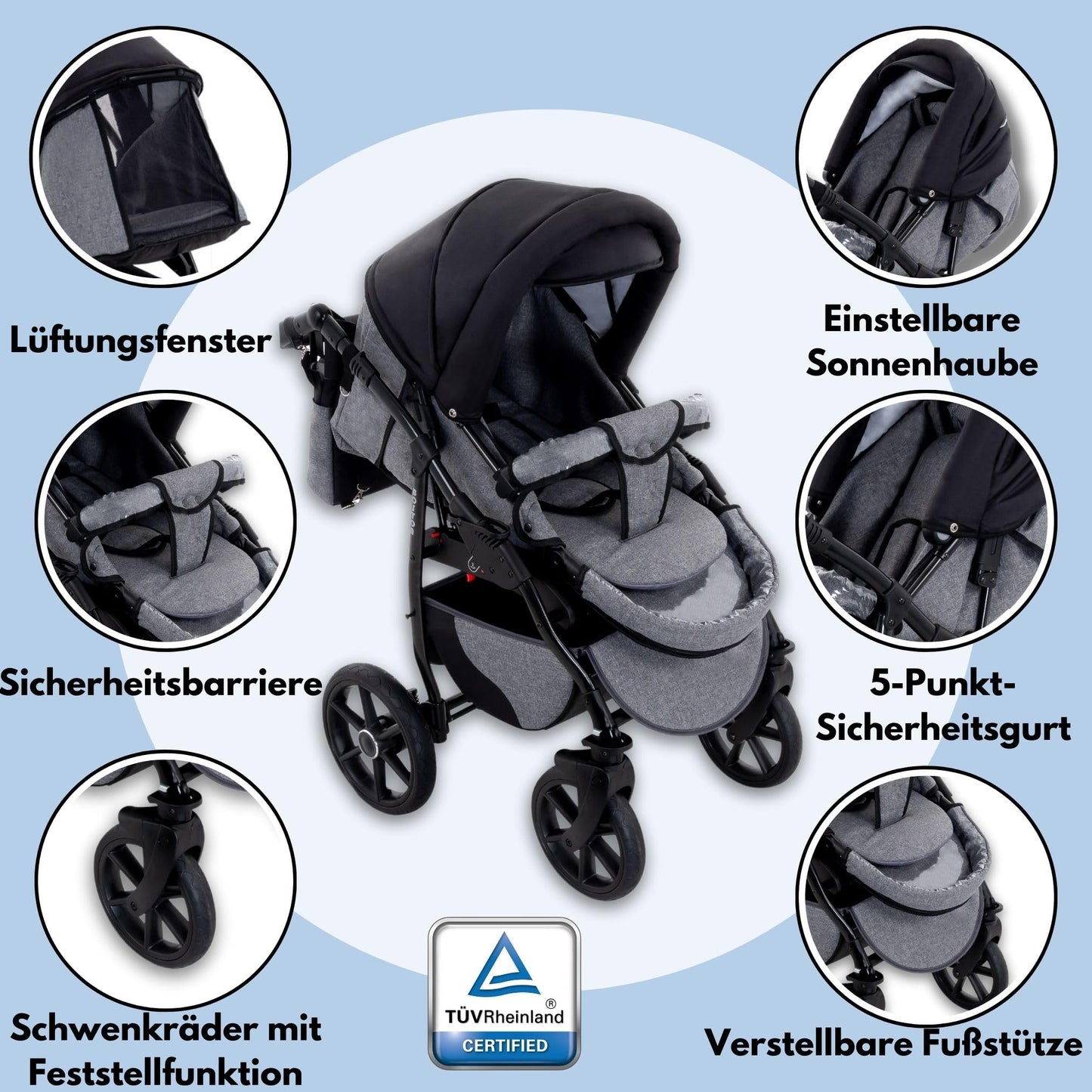 GaGaDumi Boston Kinderwagen 3 in 1 Komplettset mit Autositz - Kombikinderwagen mit großen Rädern - TÜV-zertifiziert - Baby Stroller Set - für Neugeborene und Kleinkinder Beige Schwarz