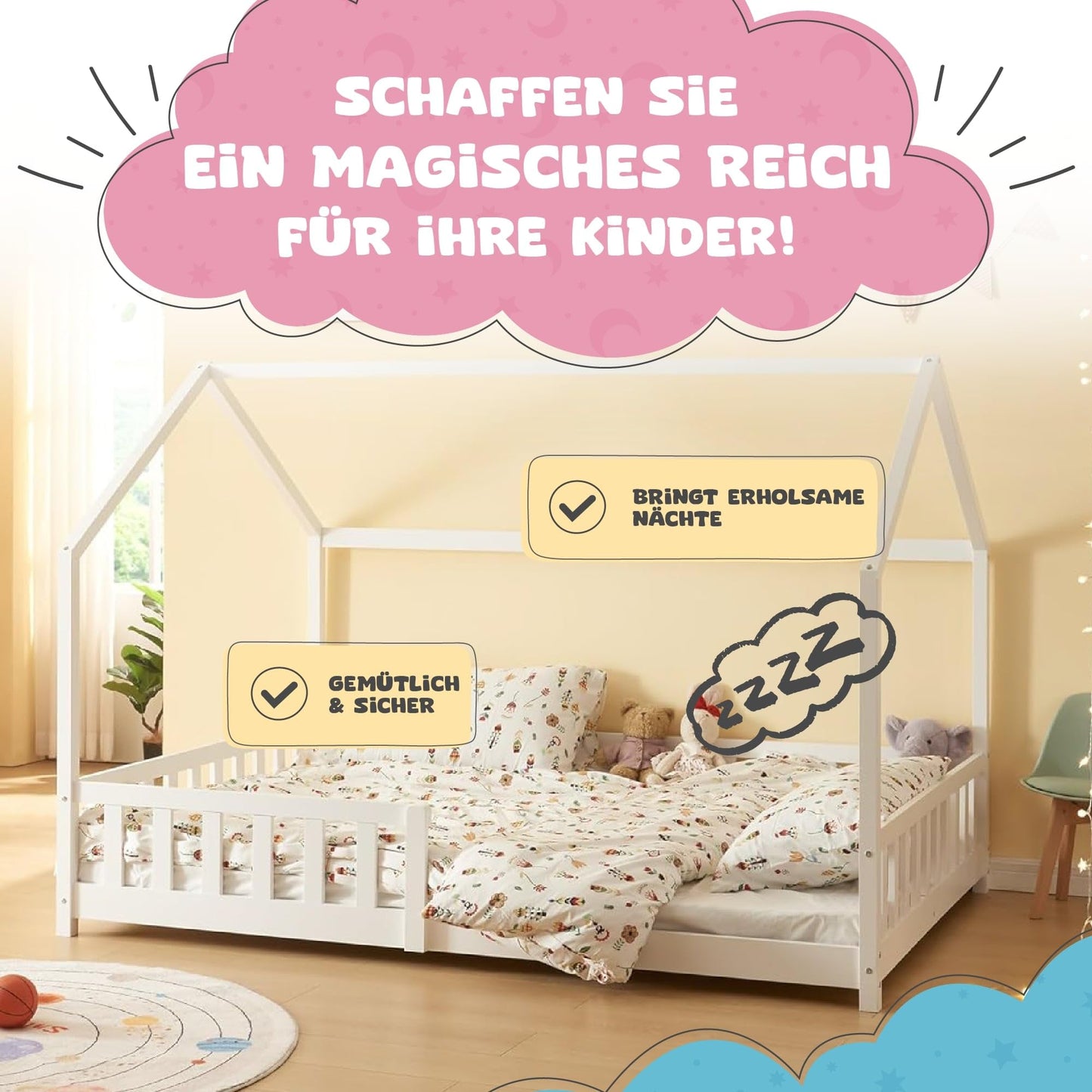 [en.casa] Kinderbett Hesel Hausbett Weiß 120 x 200 cm mit Rausfallschutz und Lattenrost Montessori Bodenbett Jugendbett Holzbett