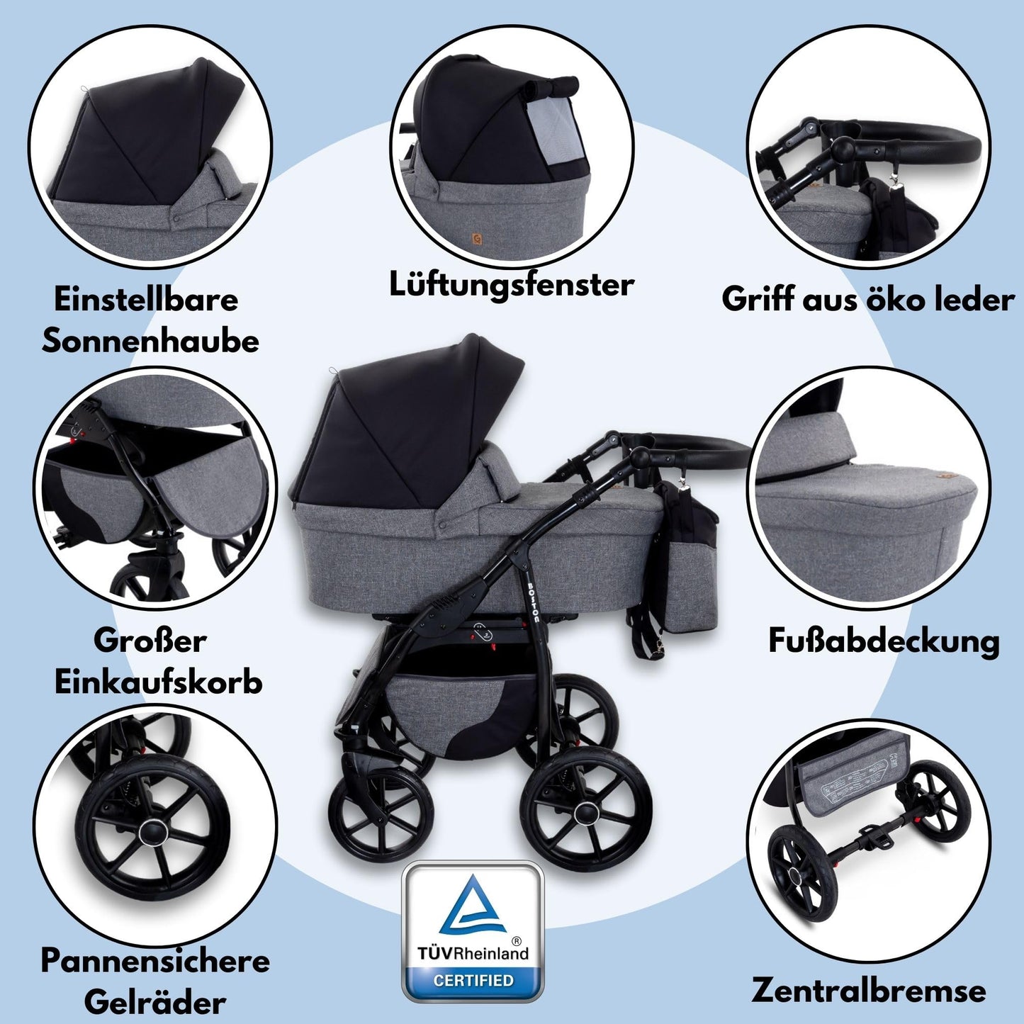 GaGaDumi Boston Kinderwagen 3 in 1 Komplettset mit Autositz - Kombikinderwagen mit großen Rädern - TÜV-zertifiziert - Baby Stroller Set - für Neugeborene und Kleinkinder Beige Schwarz