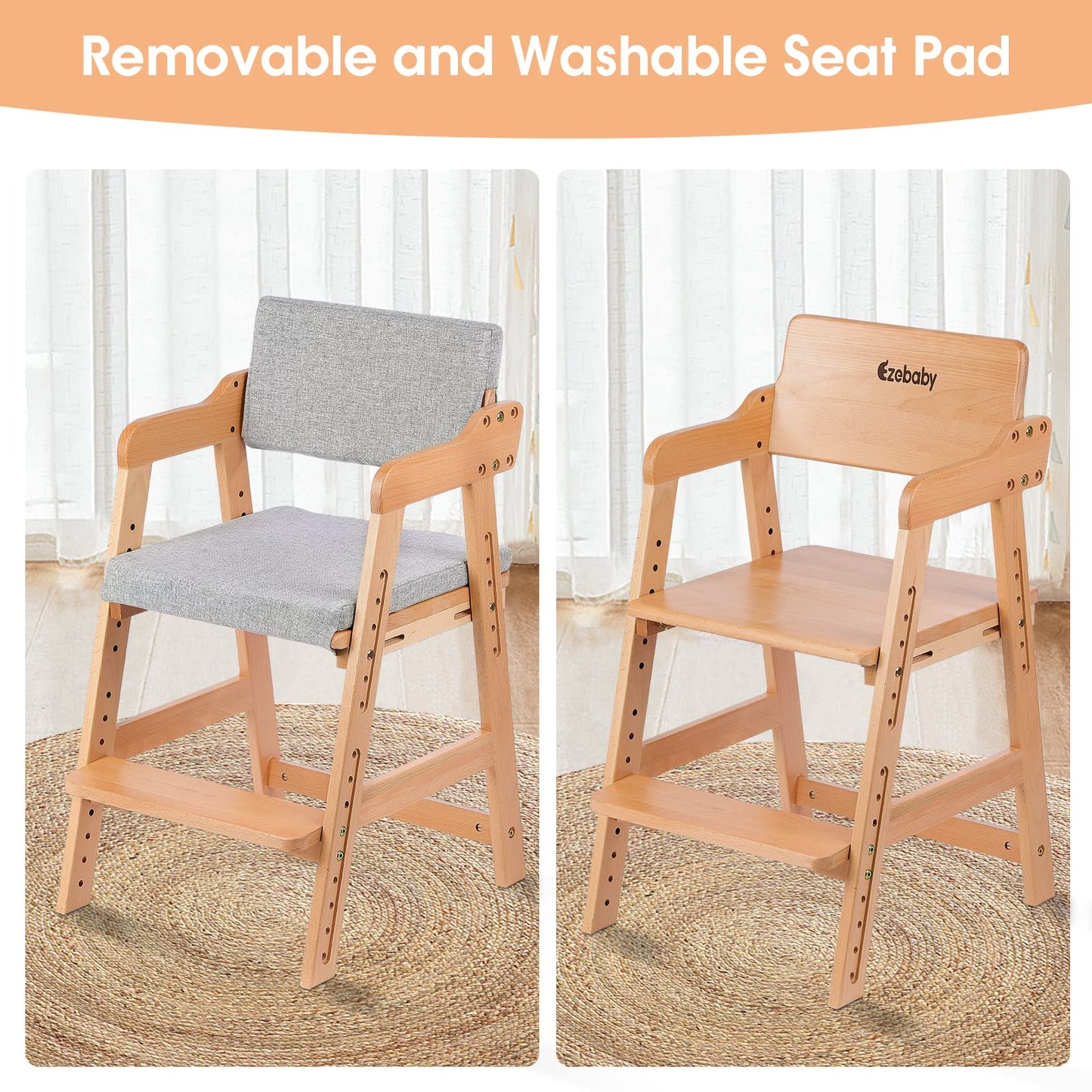 Ezebaby Hochstuhl, höhenverstellbarer Holzhochstuhl für kinder von 2 bis 12 Jahren Buchenholz Kinderstuhl, Lehrstuhl, Stabil & Sicher bis 90 kg für Kinder und Erwachsener (Natur)