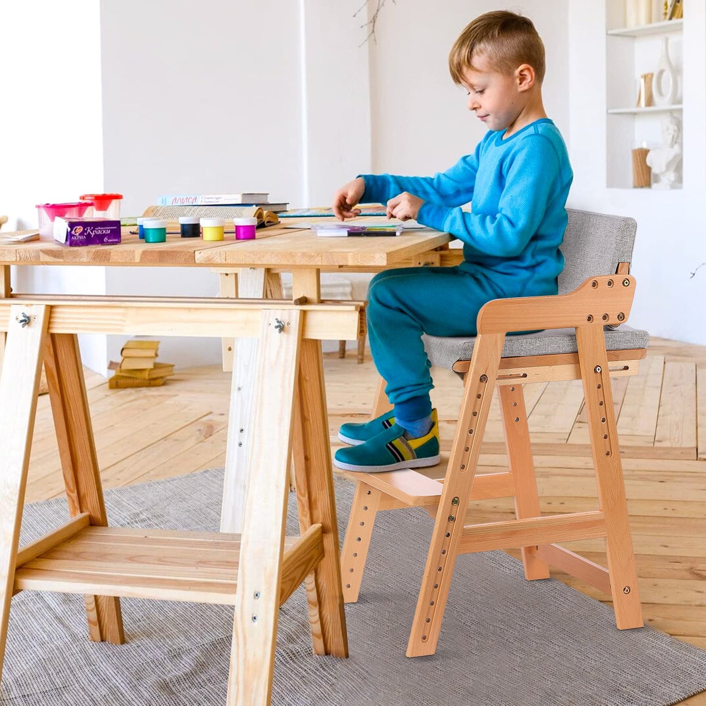 Ezebaby Hochstuhl, höhenverstellbarer Holzhochstuhl für kinder von 2 bis 12 Jahren Buchenholz Kinderstuhl, Lehrstuhl, Stabil & Sicher bis 90 kg für Kinder und Erwachsener (Natur)