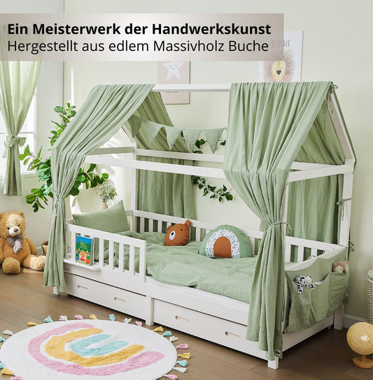 ALAVYA HOME® Hausbett KOMPLETT Set mit Musselin DEKO I Kinderbett 90x200 cm mit Schubladen inkl. 100% Bio-Musselin, Baumwolle Deko und Matratze I Massivholzbett mit Rausfallschutz und Lattenrost