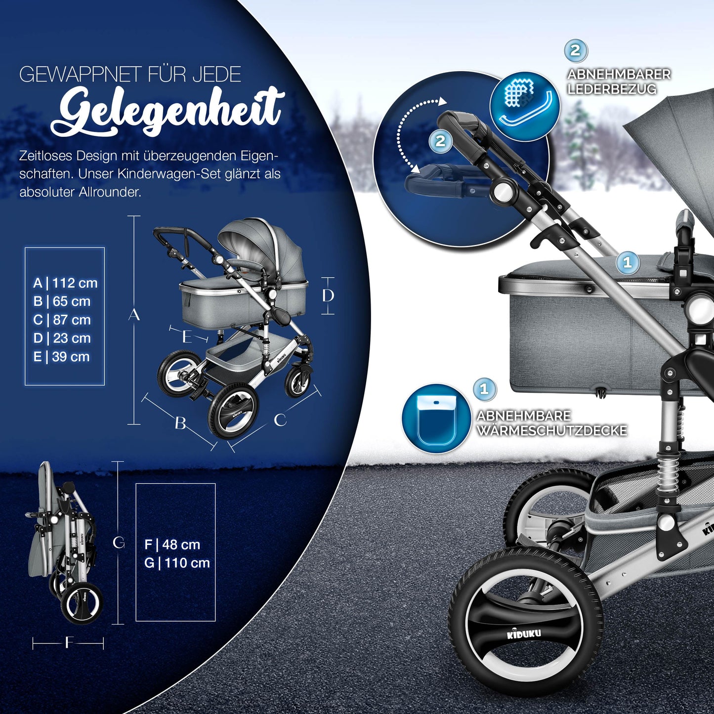 KIDUKU® 3 in 1 Kinderwagen XXL Komplettset | Kombikinderwagen Set inkl. Babywanne Buggy Sportsitz & Auto-Babyschale Fußsack | Vollgummireifen Wickeltasche Handwärmer Regenschutz Kindertisch ECE R129