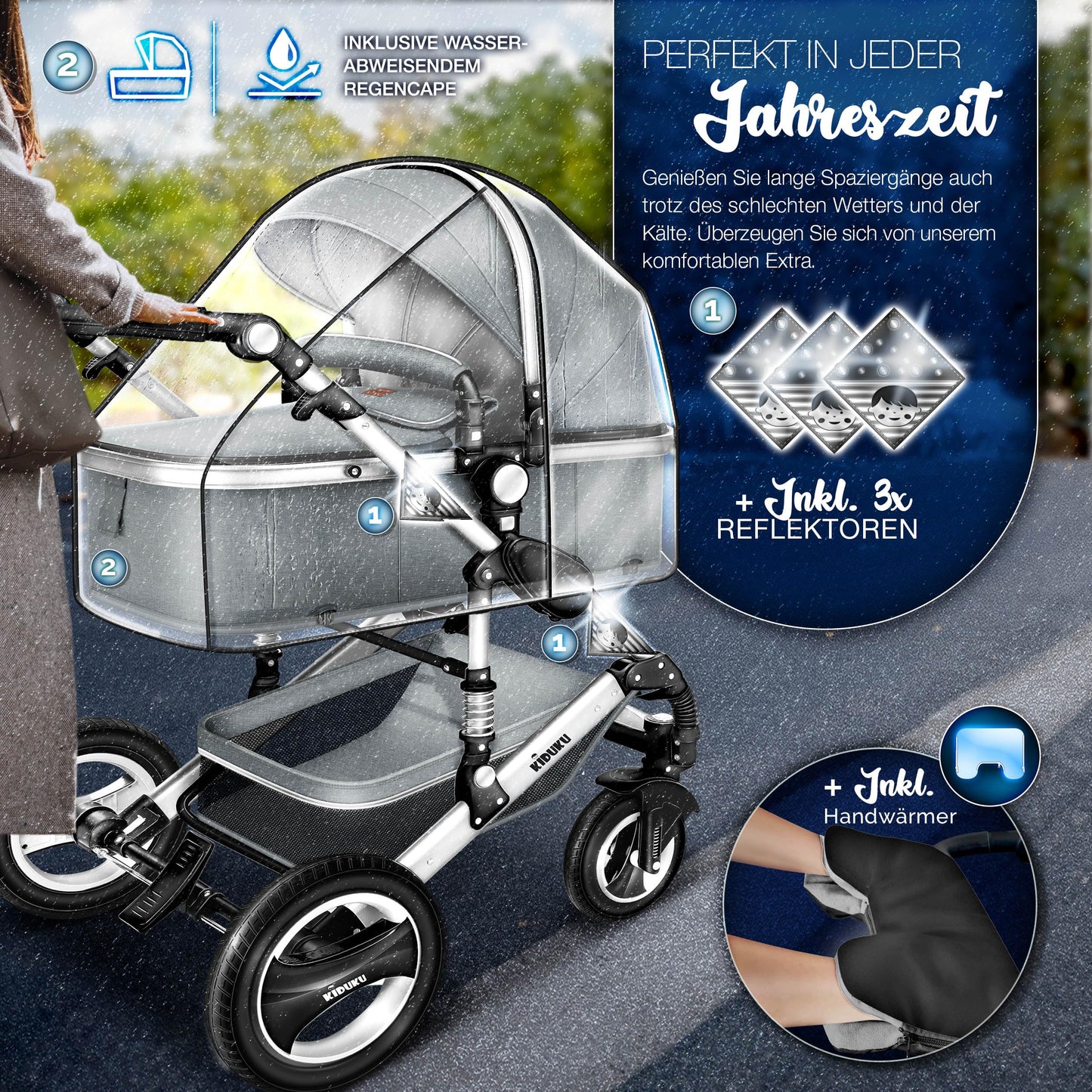 KIDUKU® 3 in 1 Kinderwagen XXL Komplettset | Kombikinderwagen Set inkl. Babywanne Buggy Sportsitz & Auto-Babyschale Fußsack | Vollgummireifen Wickeltasche Handwärmer Regenschutz Kindertisch ECE R129