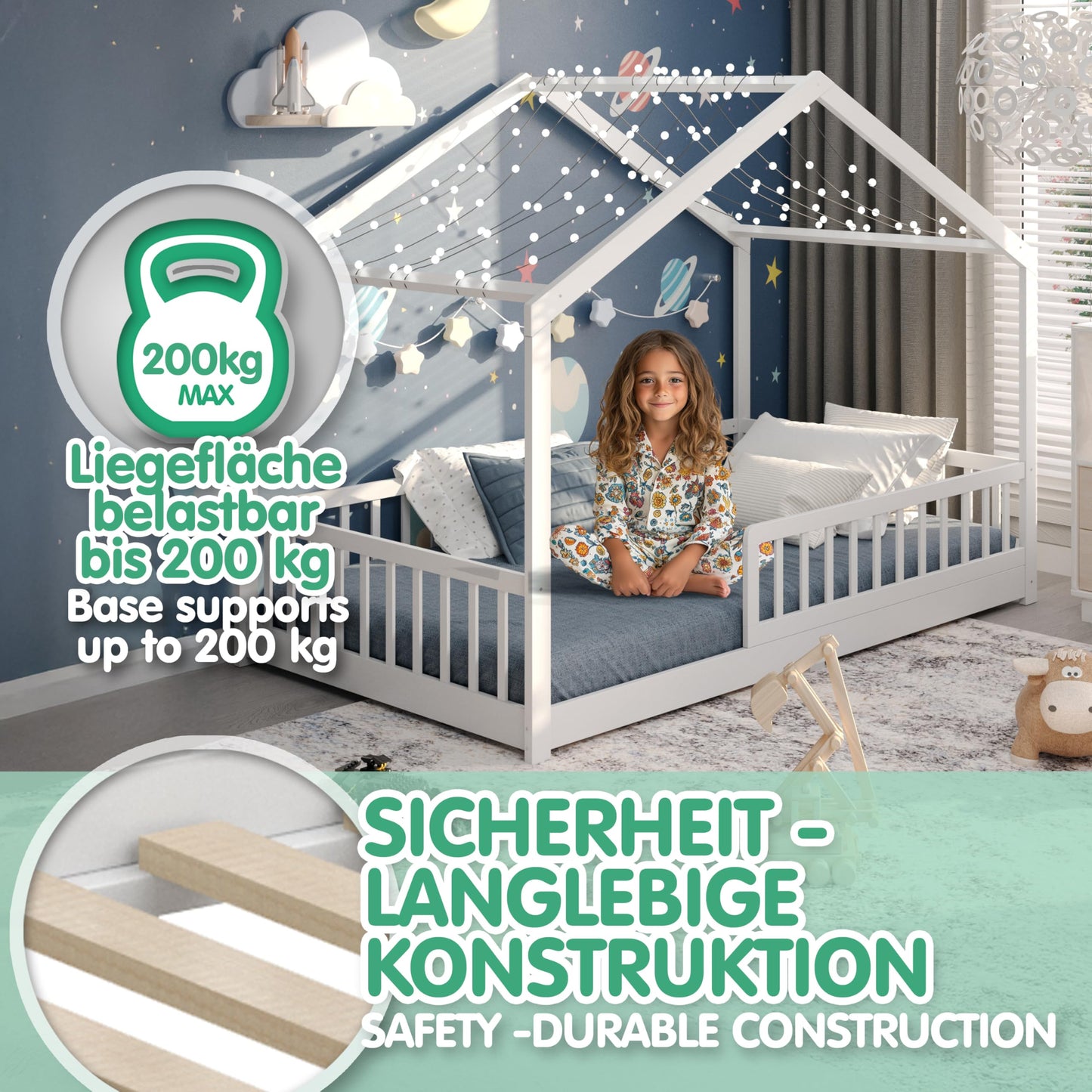 CADANI Malte Hausbett 120x200 cm Weiß, Montessori Bodenbett Rausfallschutz abnehmbar, Kinderbett Umbaubar inkl. Roll-Lattenrost, bis 200 kg belastbar