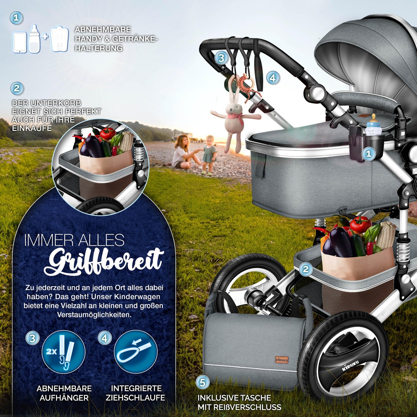 KIDUKU® 3 in 1 Kinderwagen XXL Komplettset | Kombikinderwagen Set inkl. Babywanne Buggy Sportsitz & Auto-Babyschale Fußsack | Vollgummireifen Wickeltasche Handwärmer Regenschutz Kindertisch ECE R129
