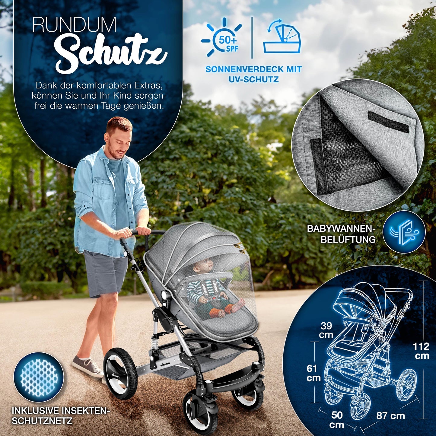 KIDUKU® 3 in 1 Kinderwagen XXL Komplettset | Kombikinderwagen Set inkl. Babywanne Buggy Sportsitz & Auto-Babyschale Fußsack | Vollgummireifen Wickeltasche Handwärmer Regenschutz Kindertisch ECE R129