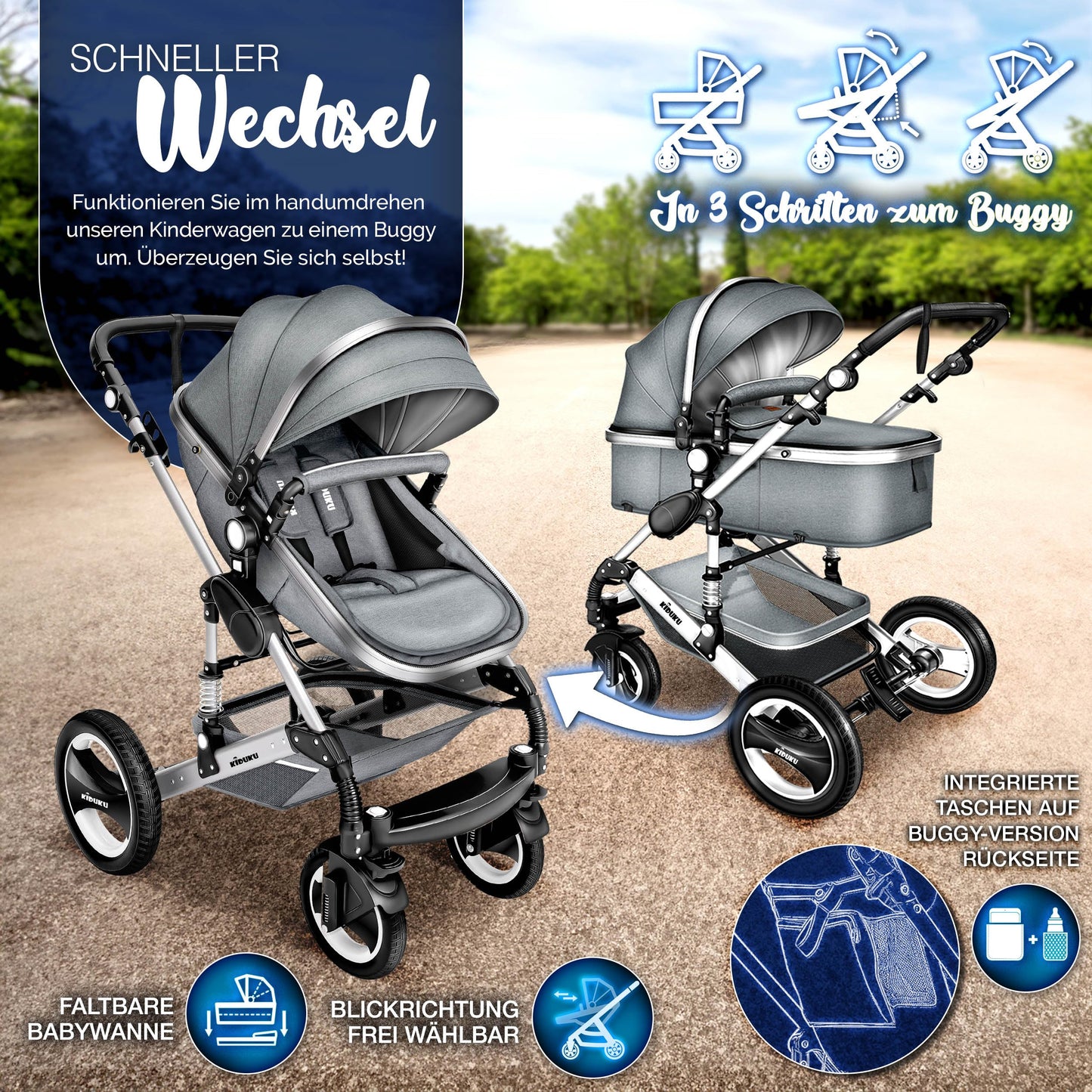 KIDUKU® 3 in 1 Kinderwagen XXL Komplettset | Kombikinderwagen Set inkl. Babywanne Buggy Sportsitz & Auto-Babyschale Fußsack | Vollgummireifen Wickeltasche Handwärmer Regenschutz Kindertisch ECE R129