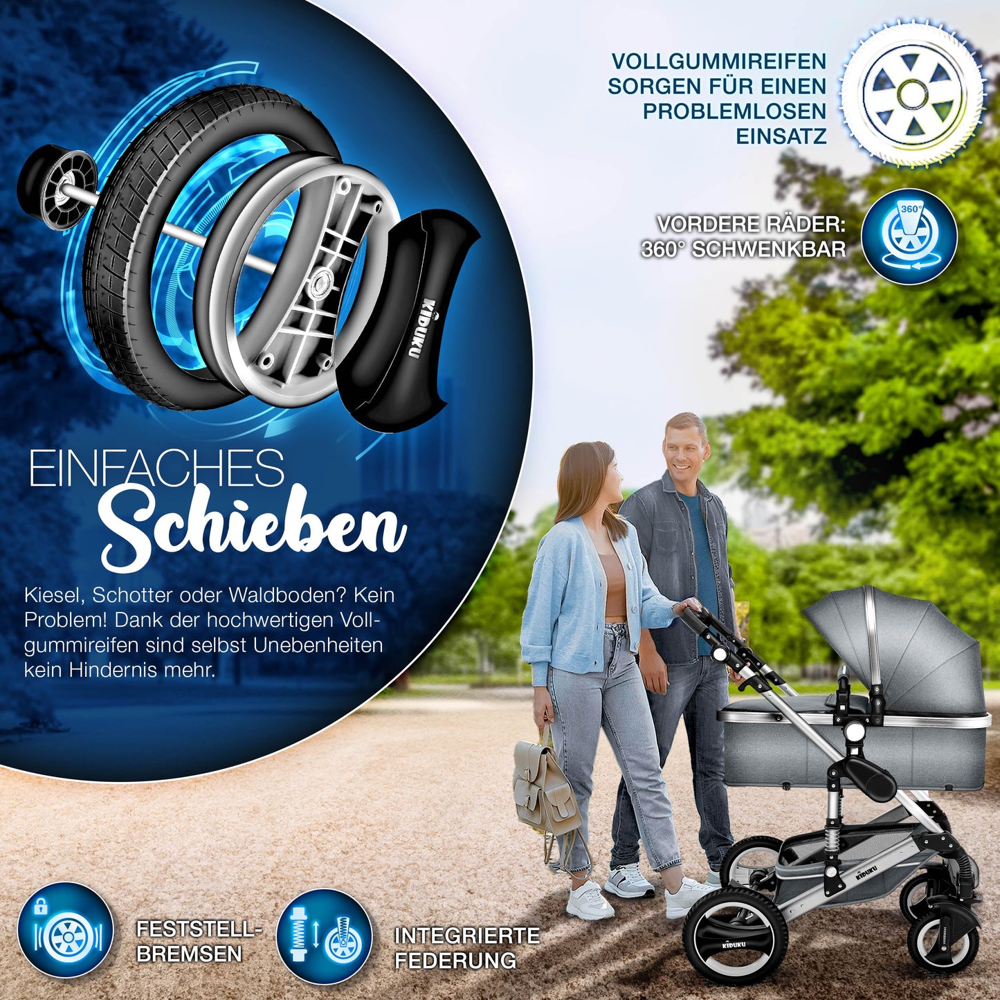 KIDUKU® 3 in 1 Kinderwagen XXL Komplettset | Kombikinderwagen Set inkl. Babywanne Buggy Sportsitz & Auto-Babyschale Fußsack | Vollgummireifen Wickeltasche Handwärmer Regenschutz Kindertisch ECE R129