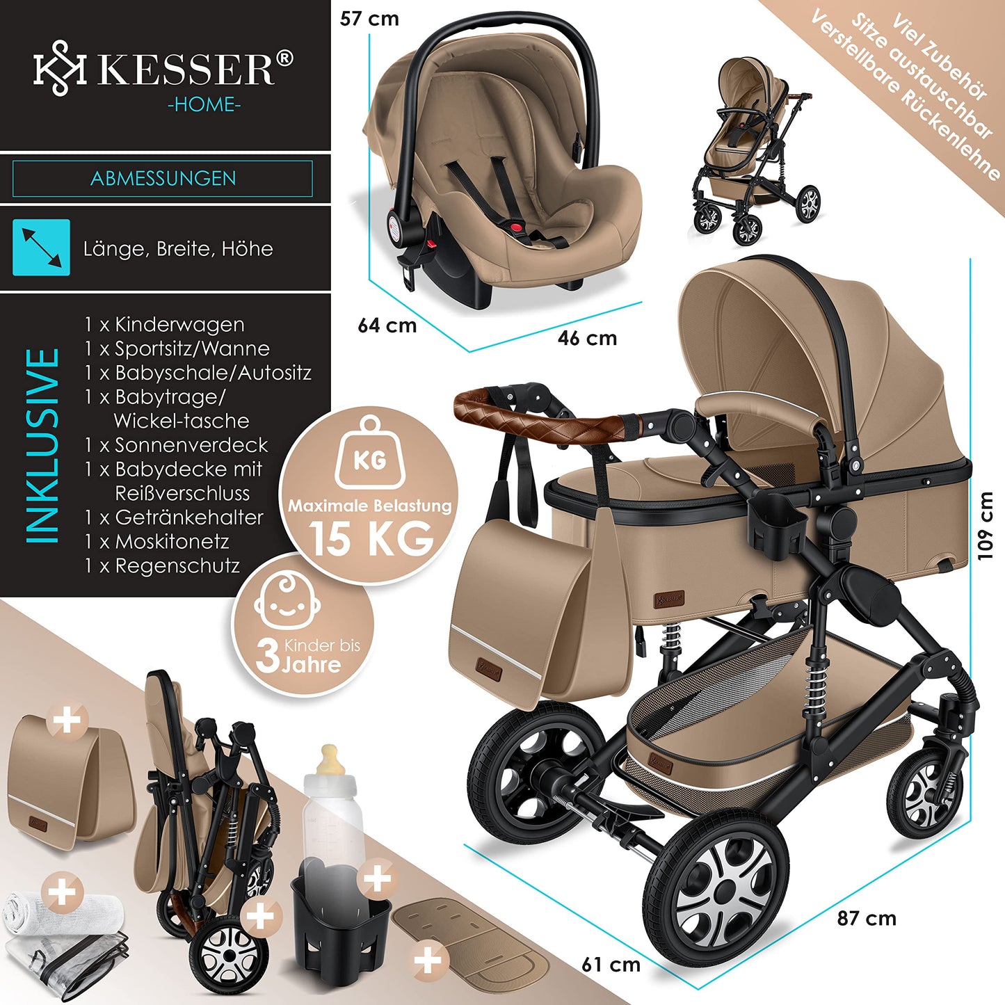 KESSER® Loops 3 in 1 Kinderwagen Kombikinderwagen Komplett-Set inkl. Babywanne & Buggy Sportsitz & Auto-Babyschale Voll-Gummireifen Wickeltasche Regenschutz Kindertisch ECE R129, Beige/Schwarz