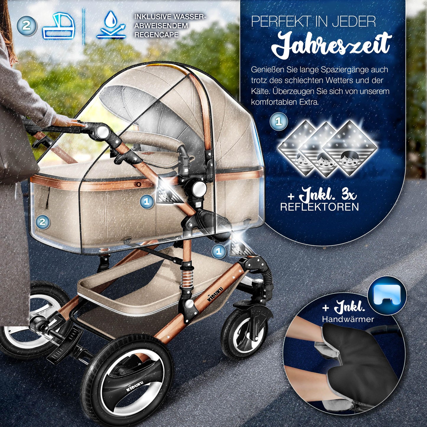 KIDUKU® 3 in 1 Kinderwagen XXL Komplettset | Kombikinderwagen Set inkl. Babywanne Buggy Sportsitz & Auto-Babyschale Fußsack | Vollgummireifen Wickeltasche Handwärmer Regenschutz Kindertisch ECE R129